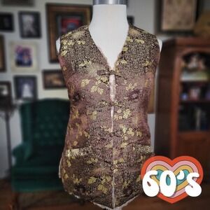 Vintage 60s Brocade Rabbit Fur Lined Vest Women's Oriental Style Mandarin Collar